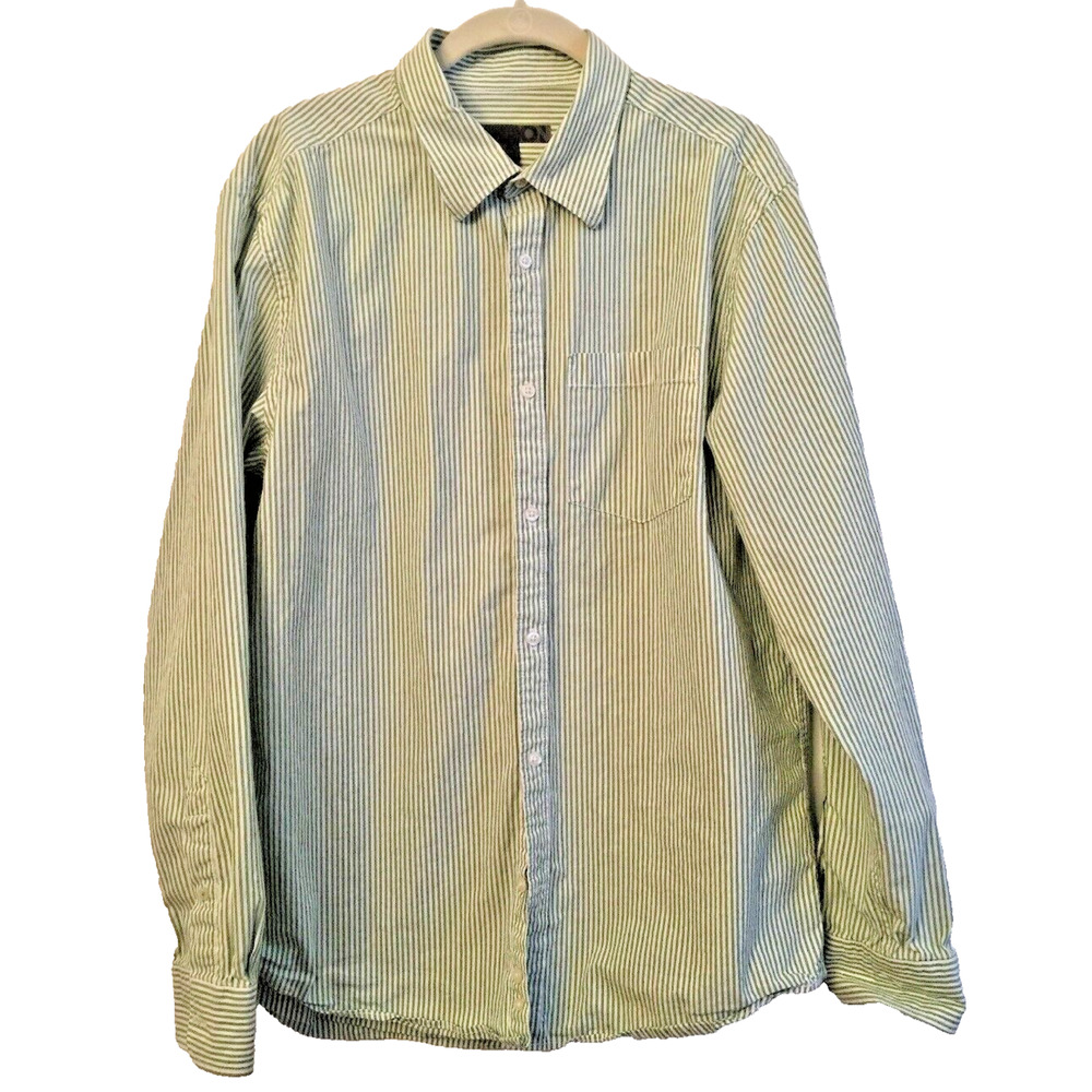 Large Old Navy Men's Green White Stripe Button Up Shirt 100% Cotton